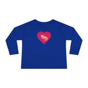 Blue long-sleeve shirt with a red heart and graphic on a white background