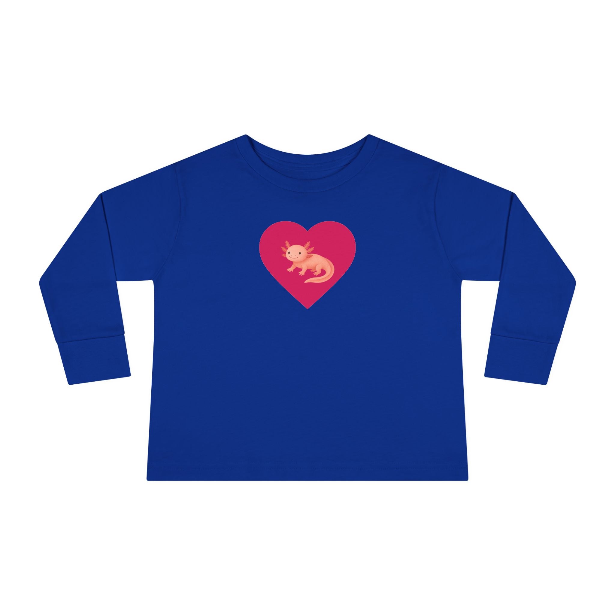 Blue long-sleeve shirt with a red heart and graphic on a white background