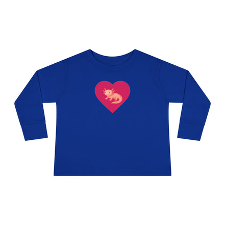 Blue long-sleeve shirt with a red heart and graphic on a white background
