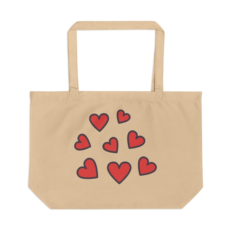 Beige tote bag with red hearts on a white background