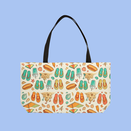 Tote bag with colorful flip flop and beach umbrella pattern on a white background