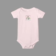 Pink baby onesie with a cartoon penguin design on a white background
