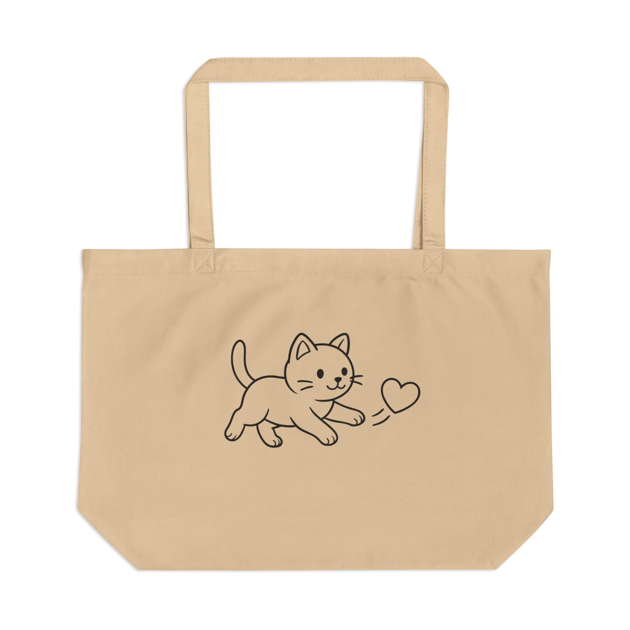 Beige tote bag with a cat and heart design on a white background