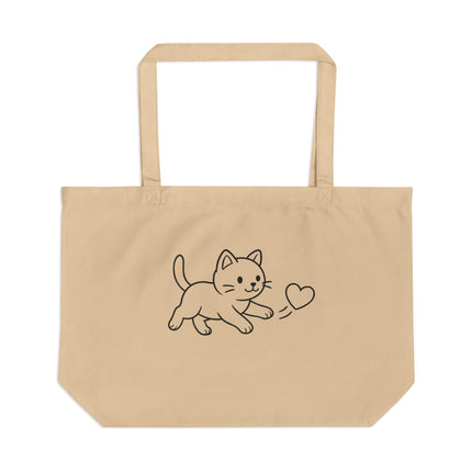 Beige tote bag with a cat and heart design on a white background