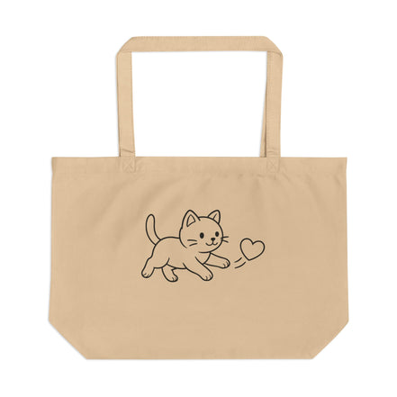 Beige tote bag with a cat and heart design on a white background