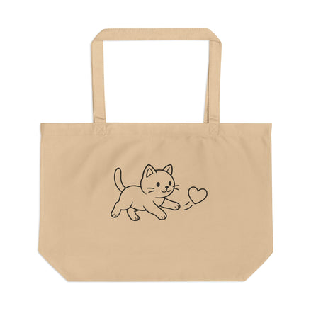 Beige tote bag with a cat and heart design on a white background