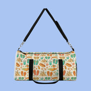 Beach pattern duffel bag with sandcastle flip flops surf design travel gym bag. Duffel bag with beach-themed pattern on a blue background