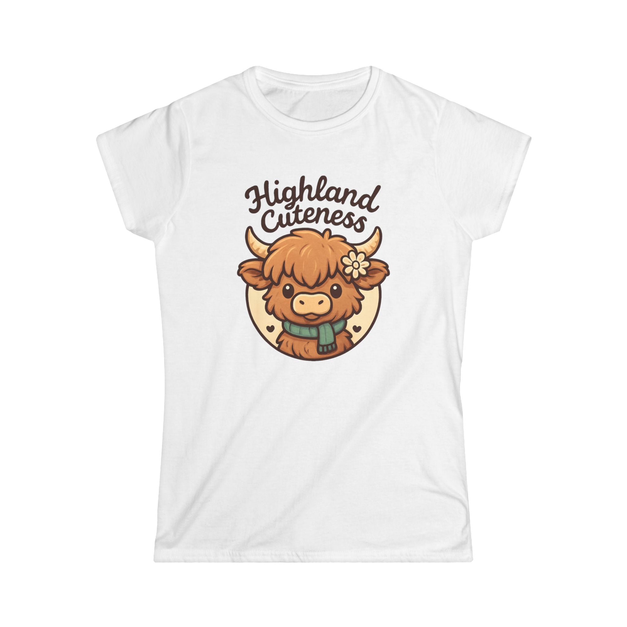 White t-shirt with a cartoon highland cow and 'Highland Cuteness' text on a white background