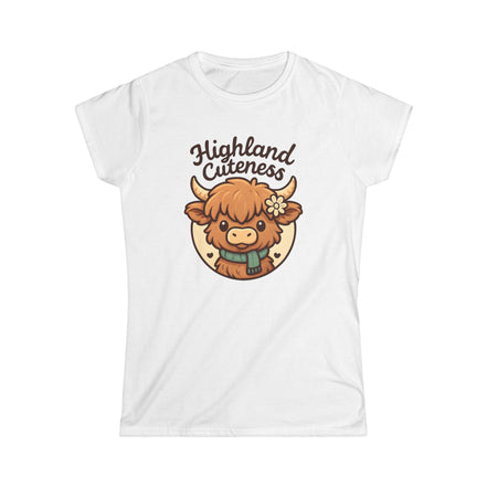 White t-shirt with a cartoon highland cow and 'Highland Cuteness' text on a white background