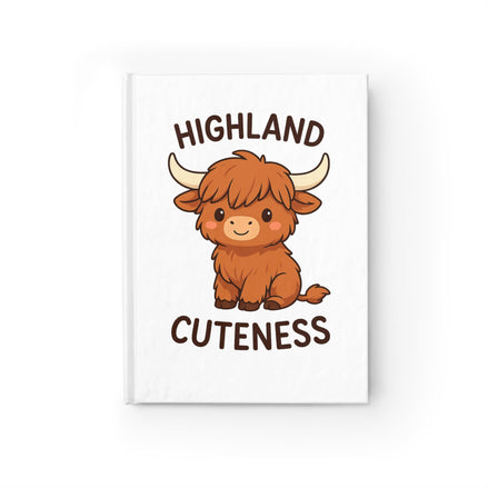 Poster with a cartoon highland cow and text 'Highland Cuteness' on a white background