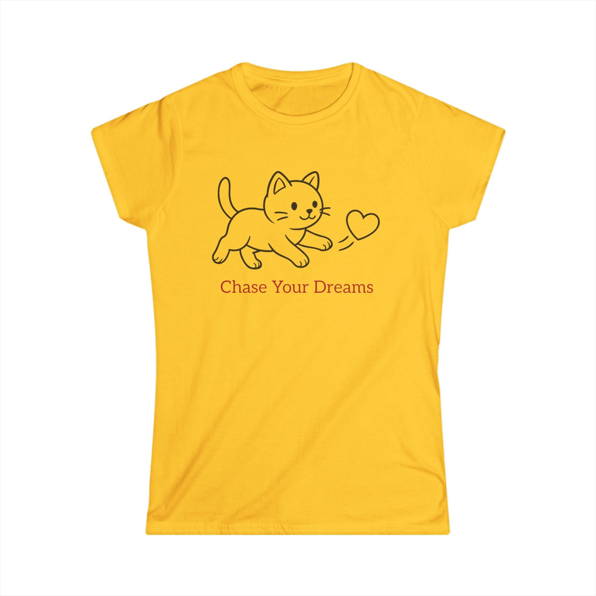 Yellow t-shirt with a cat graphic and 'Chase Your Dreams' text on a white background