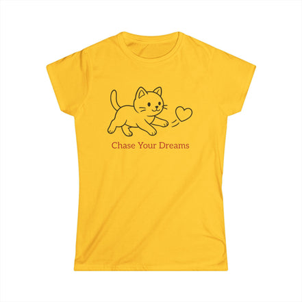 Yellow t-shirt with a cat graphic and 'Chase Your Dreams' text on a white background