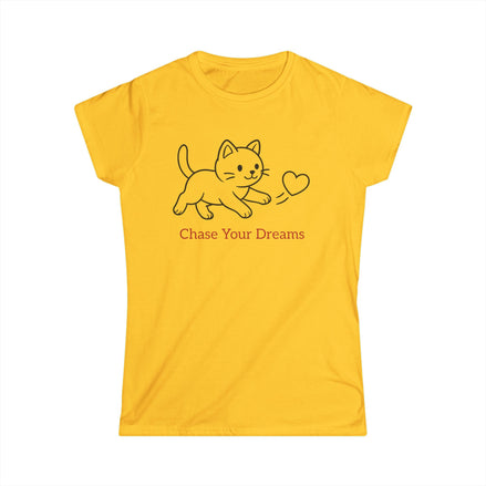 Yellow t-shirt with a cat graphic and 'Chase Your Dreams' text on a white background