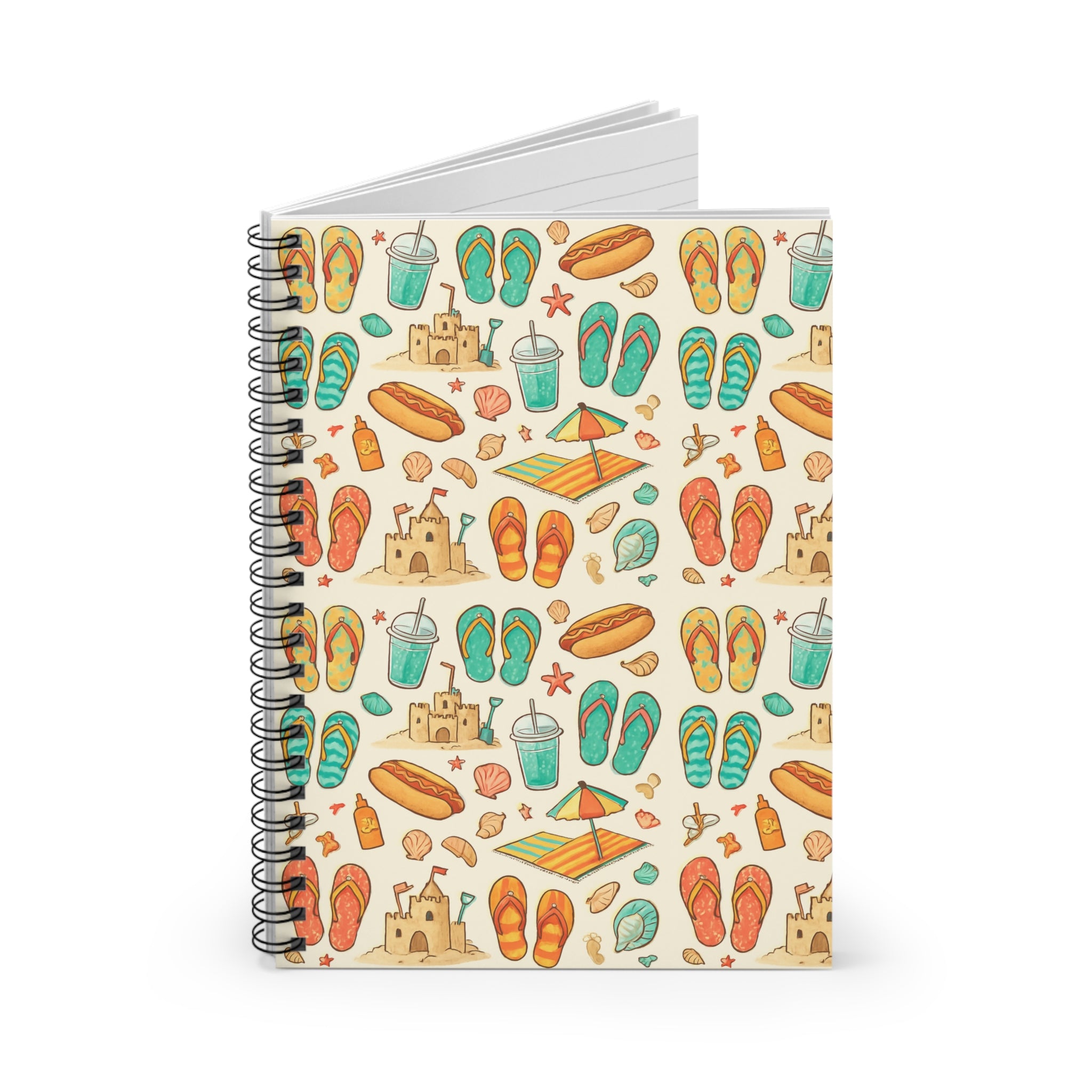 Notebook with a beach-themed cover design featuring flip-flops, sandcastles, and other summer elements on a white background.