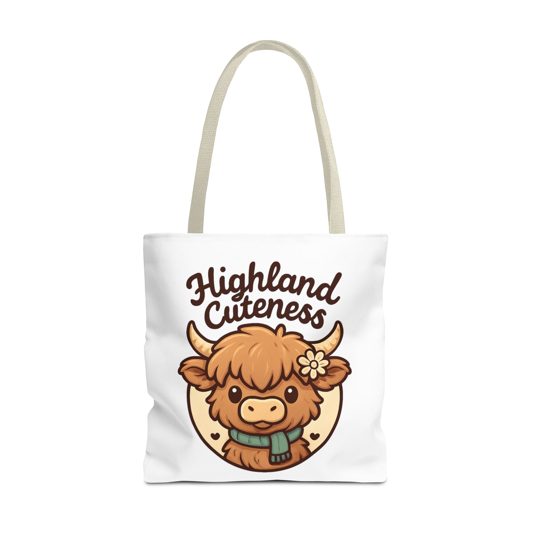 Tote bag with a cartoon highland cow and 'Highland Cuteness' text on a white background