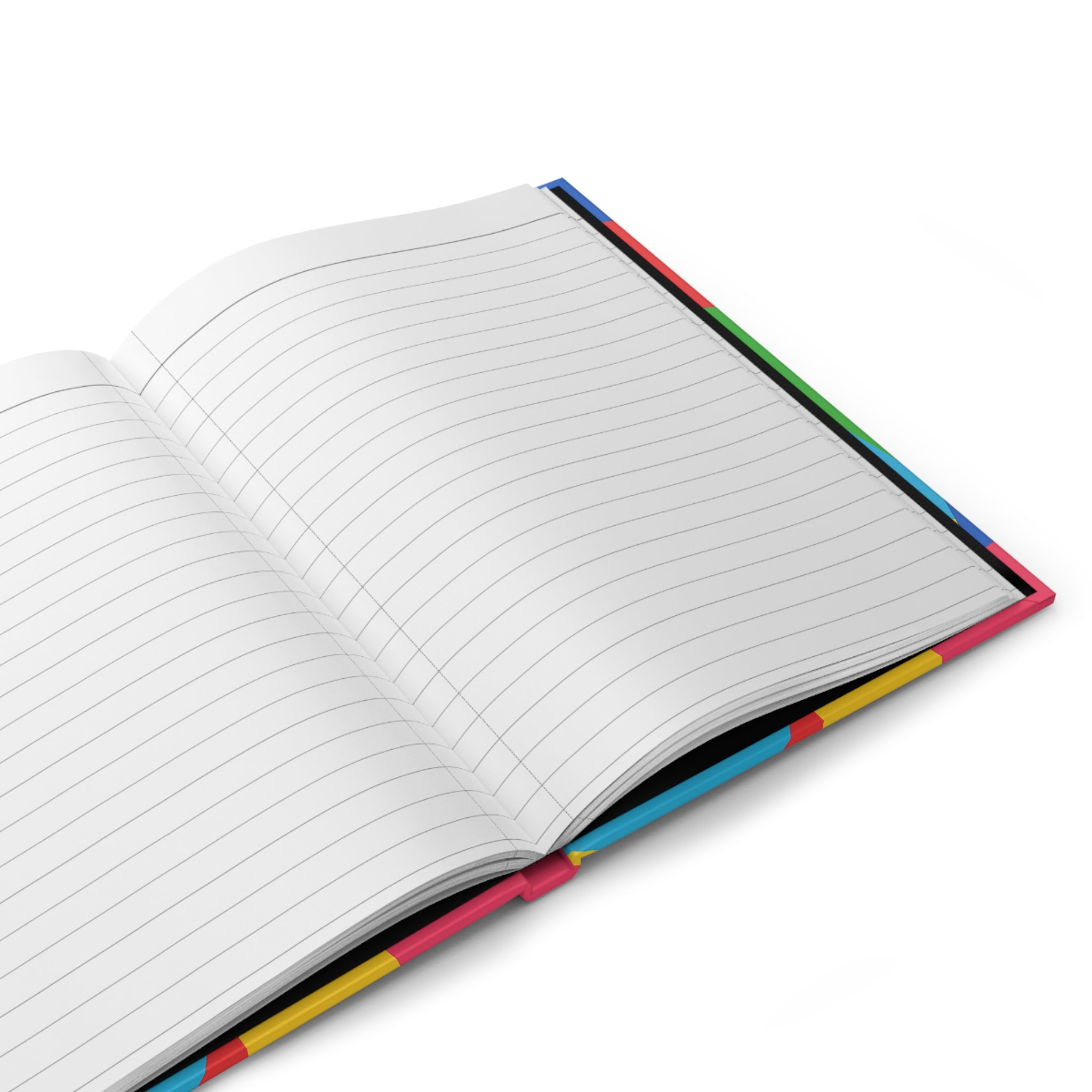 Open notebook with colorful binding on a white background