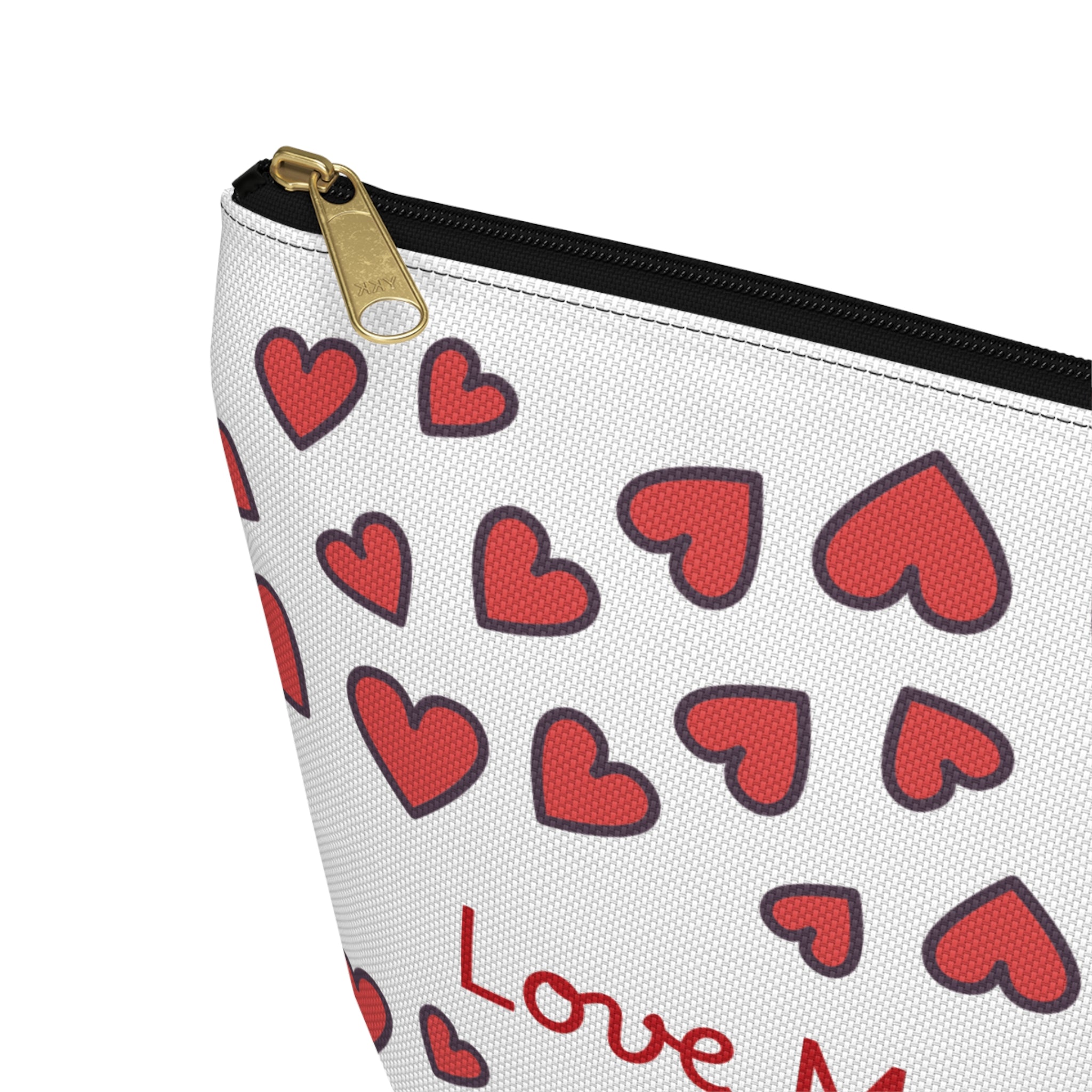Pouch with red heart pattern and 'Love Me' text on a white background