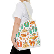 Person wearing a white tote bag with beach-themed designs on a white background