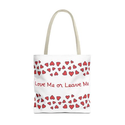 Tote bag with red heart pattern and text 'Love Me or Leave Me' on a white background