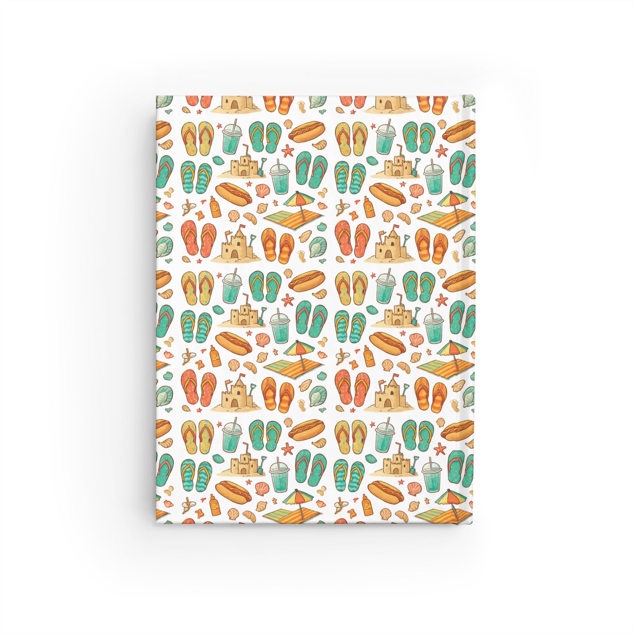 Notebook with a colorful beach-themed pattern on a white background