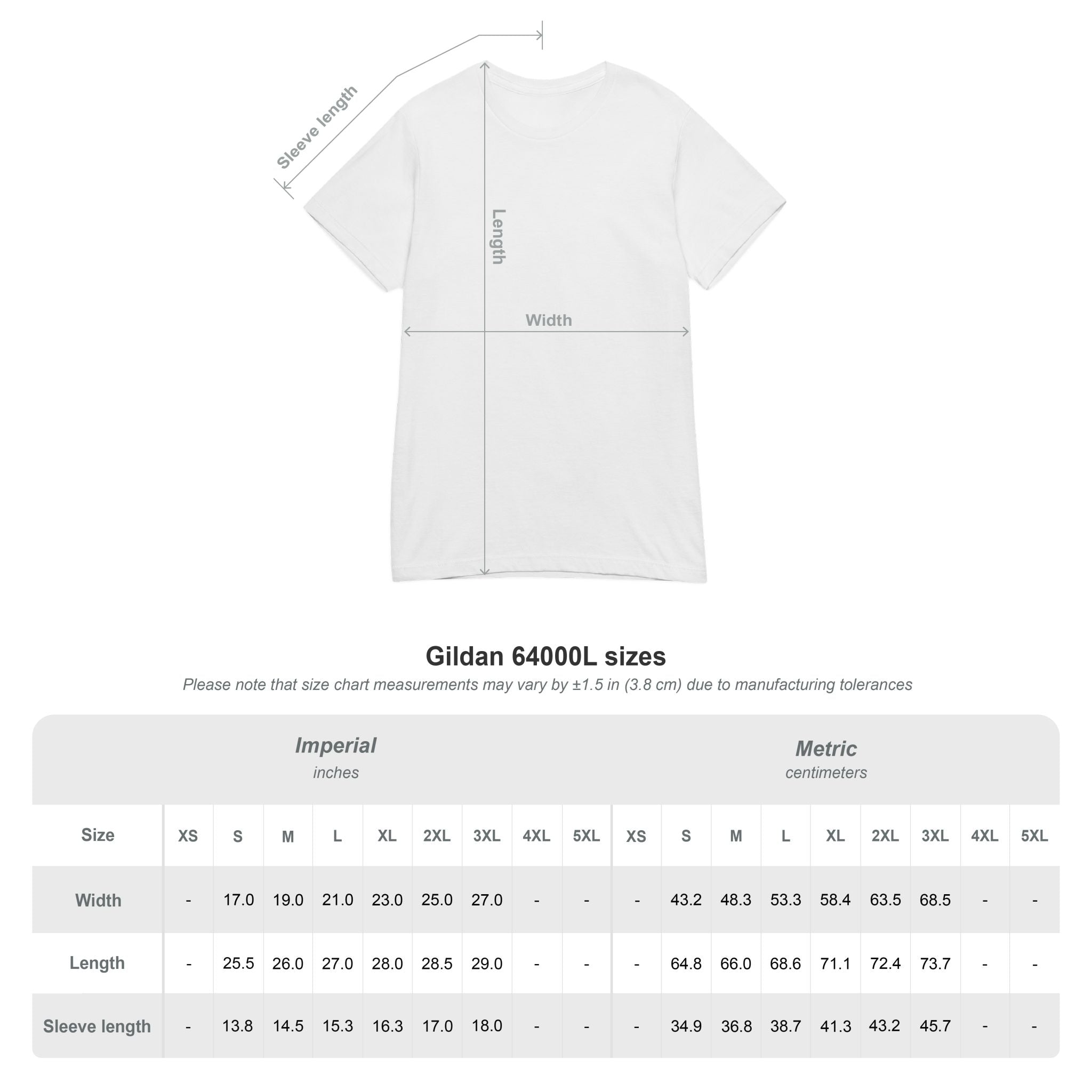 White t-shirt with measurement chart on a white background