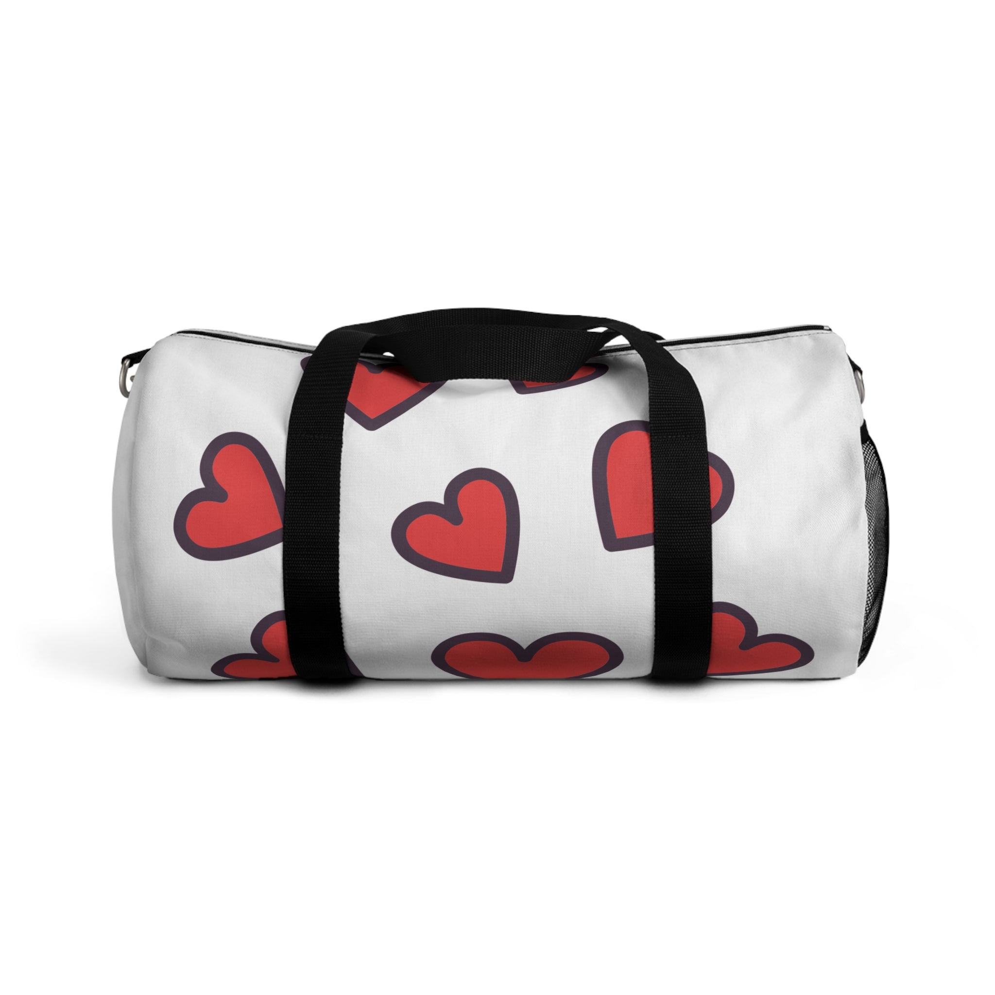 White duffel bag with red heart patterns and black straps on a white background