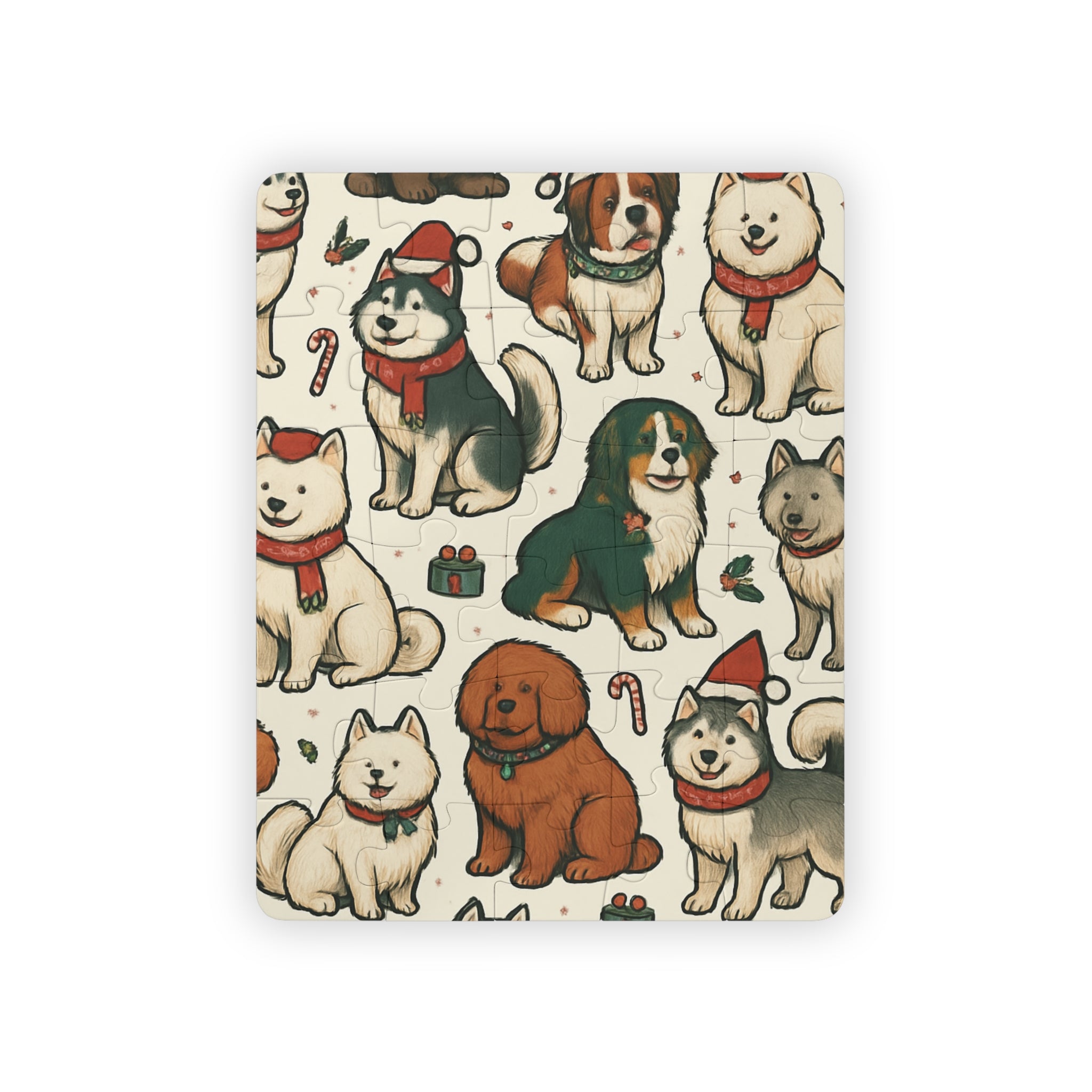 Jigsaw puzzle with Christmas-themed dog illustrations on a white background