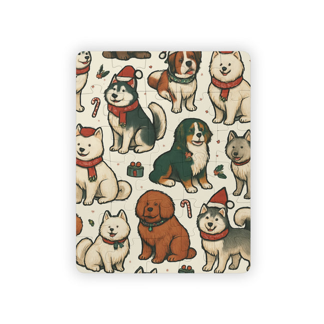 Jigsaw puzzle with Christmas-themed dog illustrations on a white background