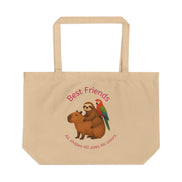 Beige tote bag with a sloth and parrot illustration and 'Best Friends' text on a white background