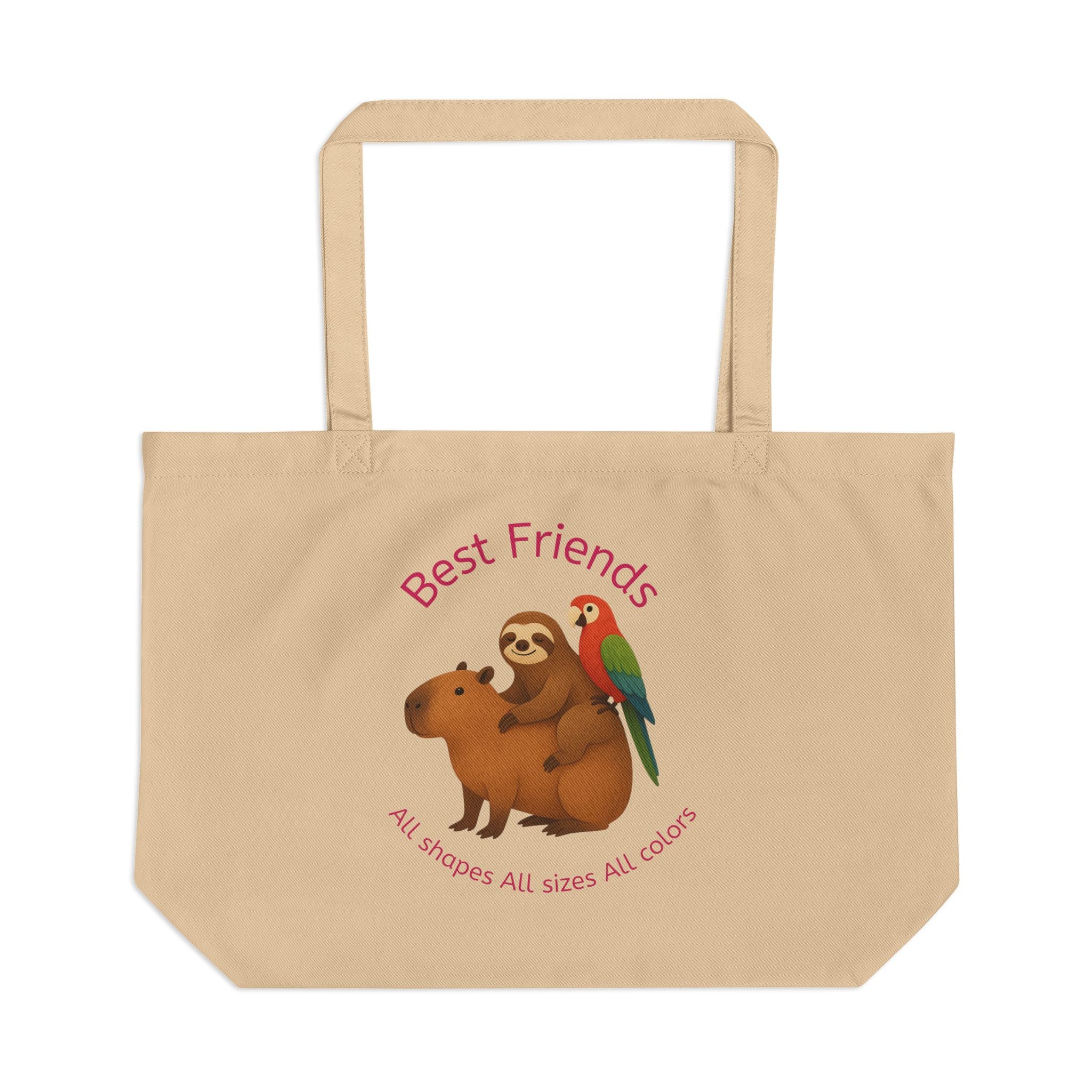 Beige tote bag with a sloth and parrot illustration and 'Best Friends' text on a white background