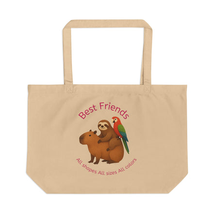 Beige tote bag with a sloth and parrot illustration and 'Best Friends' text on a white background