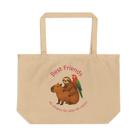 Beige tote bag with a sloth and parrot illustration and 'Best Friends' text on a white background