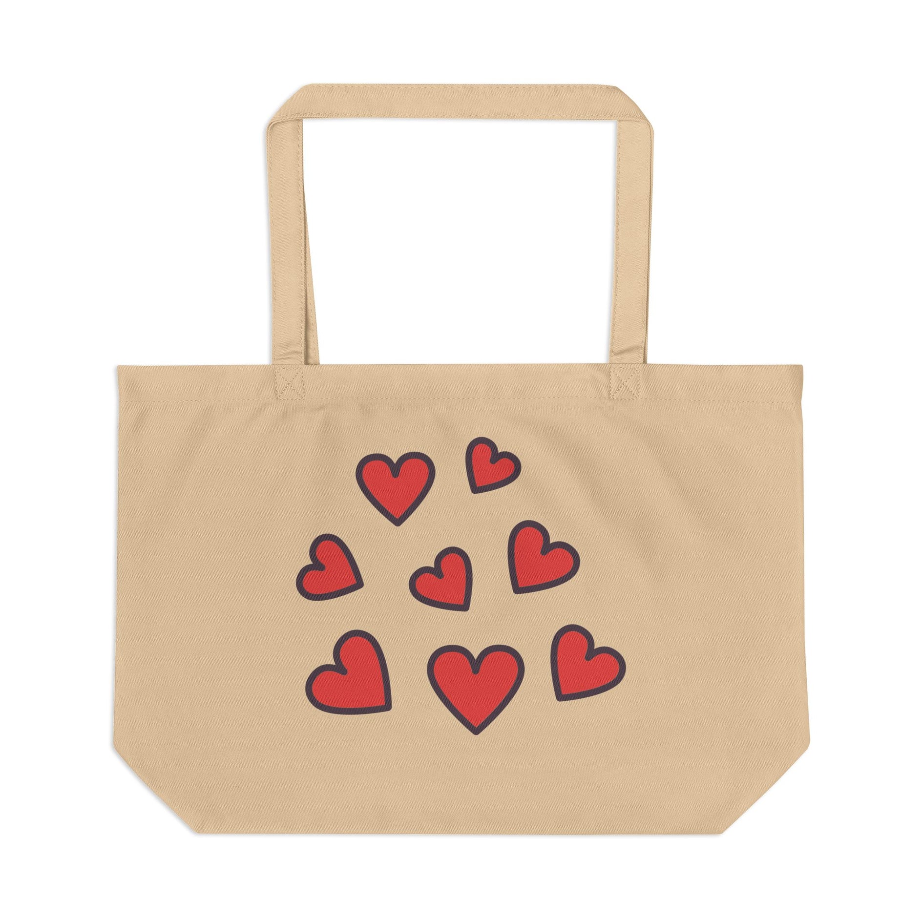 Beige tote bag with red heart designs on a white background