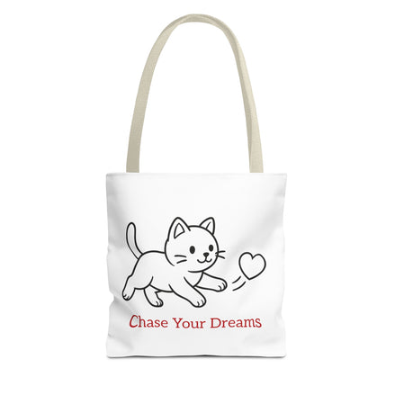 White tote bag with a beige handle and cat illustration and 'Chase Your Dreams' text on a white background