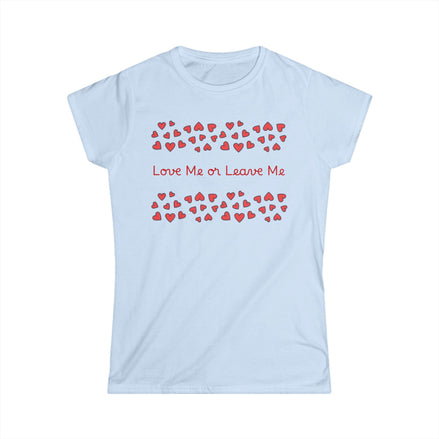 Light blue t-shirt with red heart pattern and text 'Love Me or Leave Me' on a white background