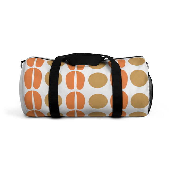 Duffel bag with orange and brown abstract pattern on a white background