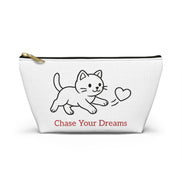 White pouch with a cat illustration and 'Chase Your Dreams' text on a white background