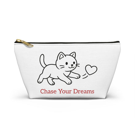 White pouch with a cat illustration and 'Chase Your Dreams' text on a white background