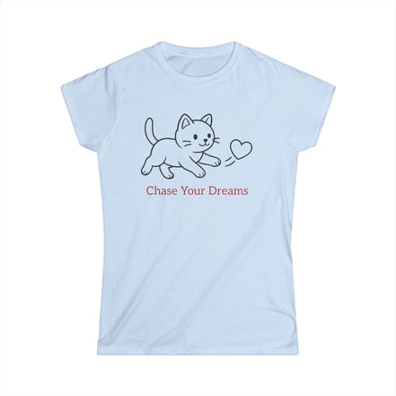 Light blue t-shirt with a cat graphic and 'Chase Your Dreams' text on a white background