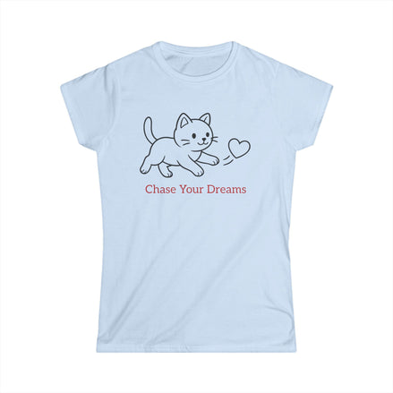 Light blue t-shirt with a cat graphic and 'Chase Your Dreams' text on a white background