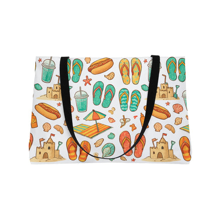 Tote bag with beach-themed design featuring flip-flops, sandcastles, and other summer elements on a white background.