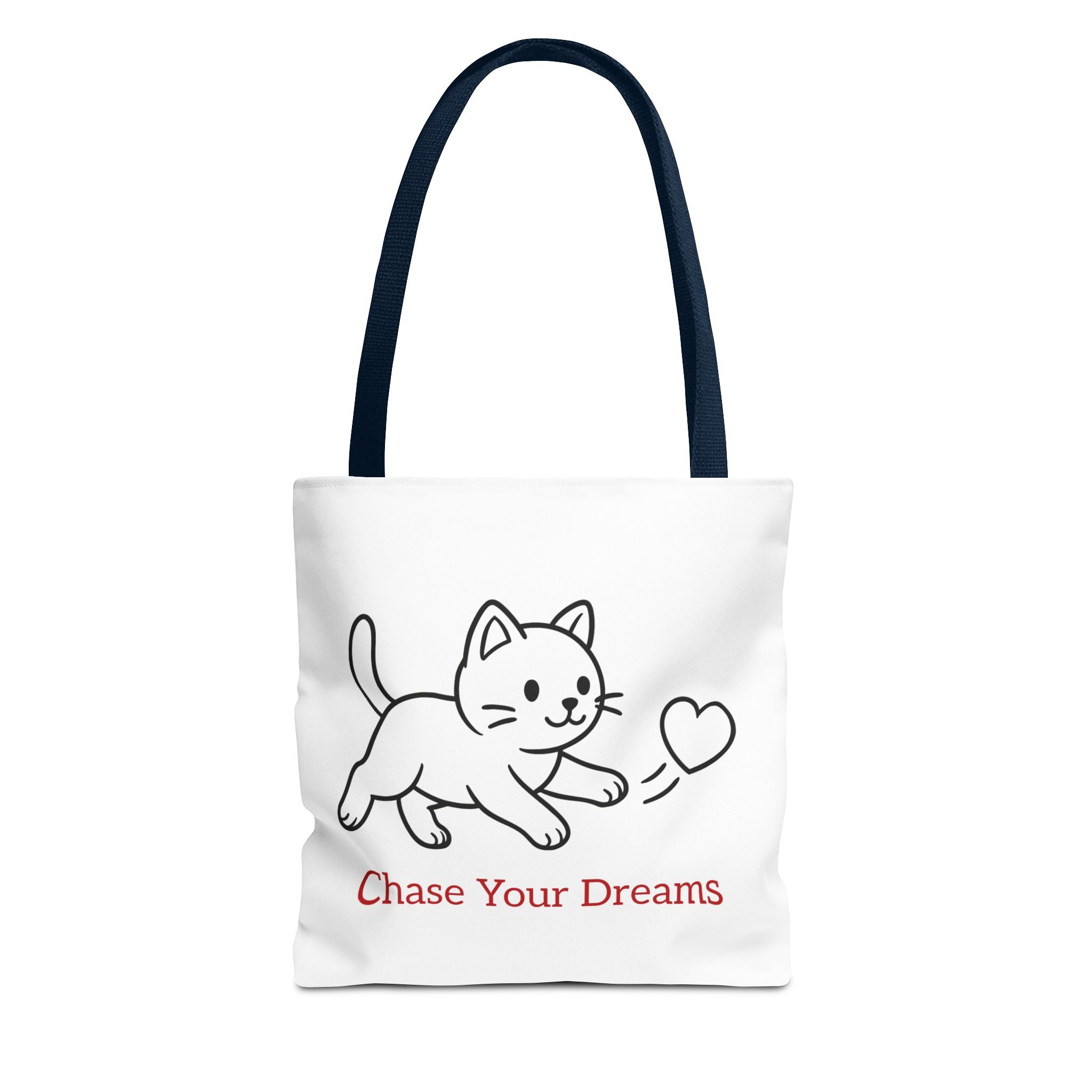 Tote bag with a dark blue handle and cat illustration and 'Chase Your Dreams' text on a white background