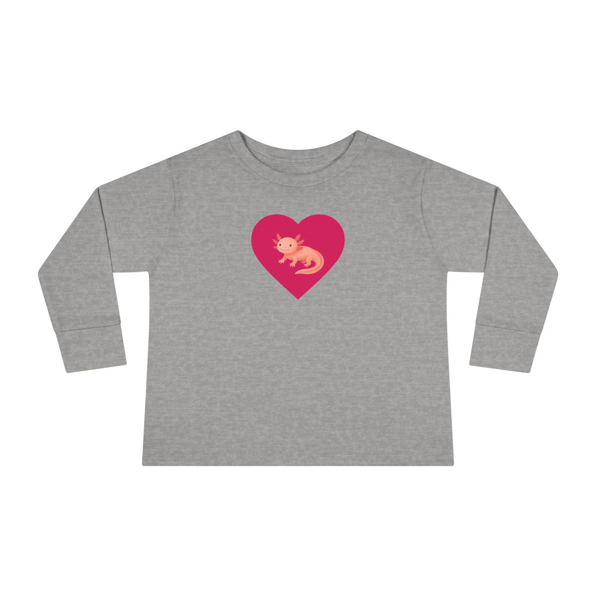 Gray long-sleeve shirt with a pink heart and salamander design on a white background