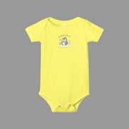 Yellow baby onesie with a cartoon penguin design on a white background