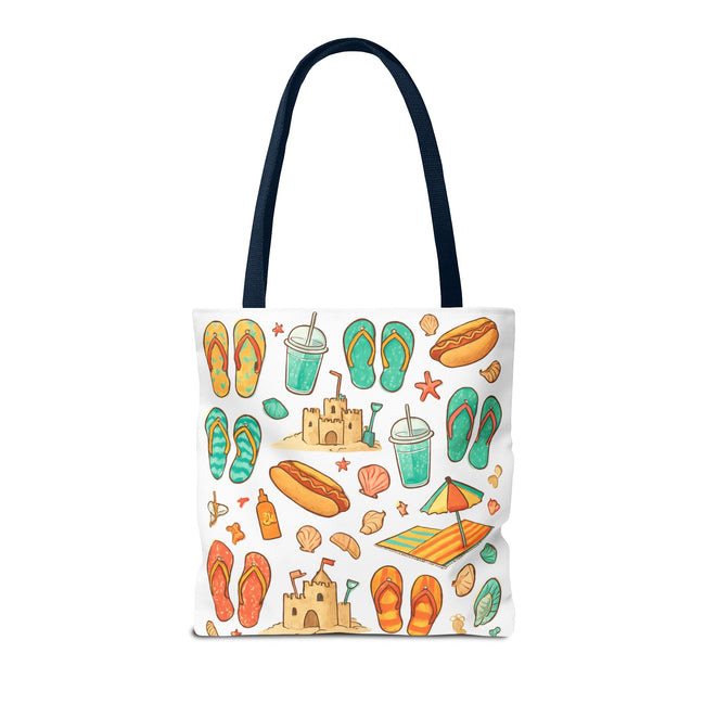 Tote bag with beach-themed illustrations on a white background