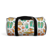 Duffel bag with beach-themed pattern on a white background