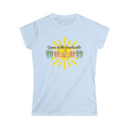 Light blue t-shirt with a colorful graphic design on a white background