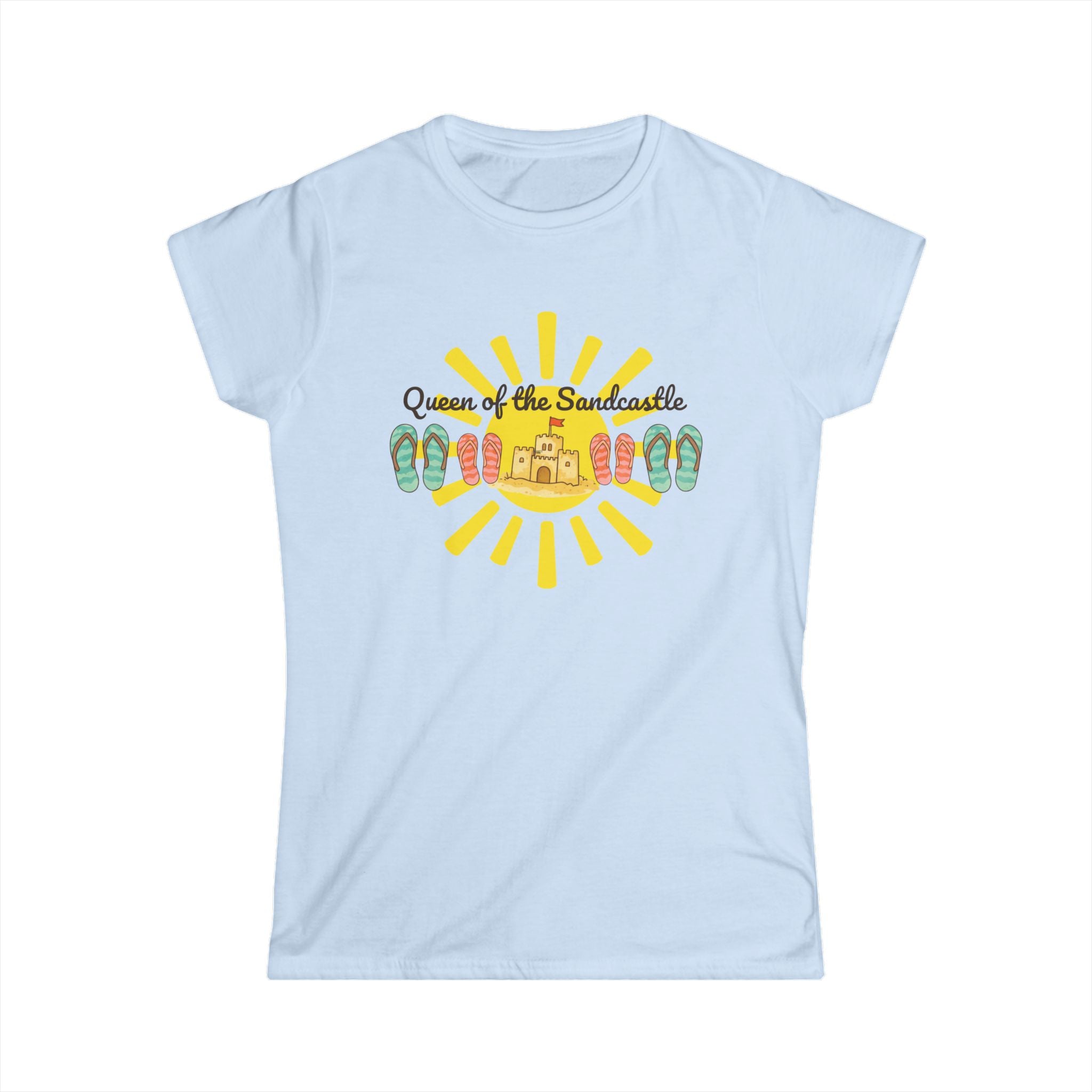 Light blue t-shirt with a colorful graphic design on a white background