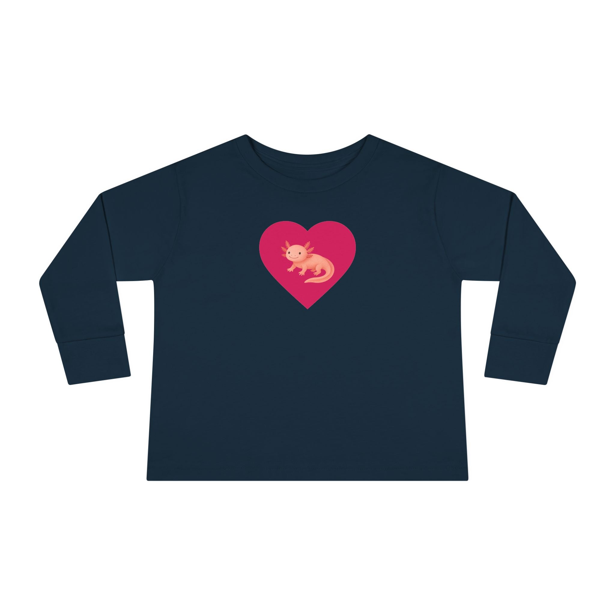 Navy blue long-sleeve shirt with a pink heart and graphic on a white background