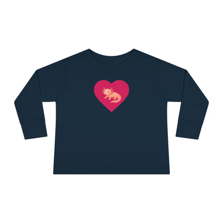 Navy blue long-sleeve shirt with a pink heart and graphic on a white background